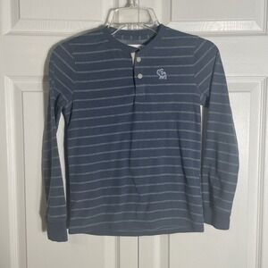 Abercrombie Kids Polo Shirt Kids 9/10 Gray Striped Long Sleeve Moose‎ Logo Knit